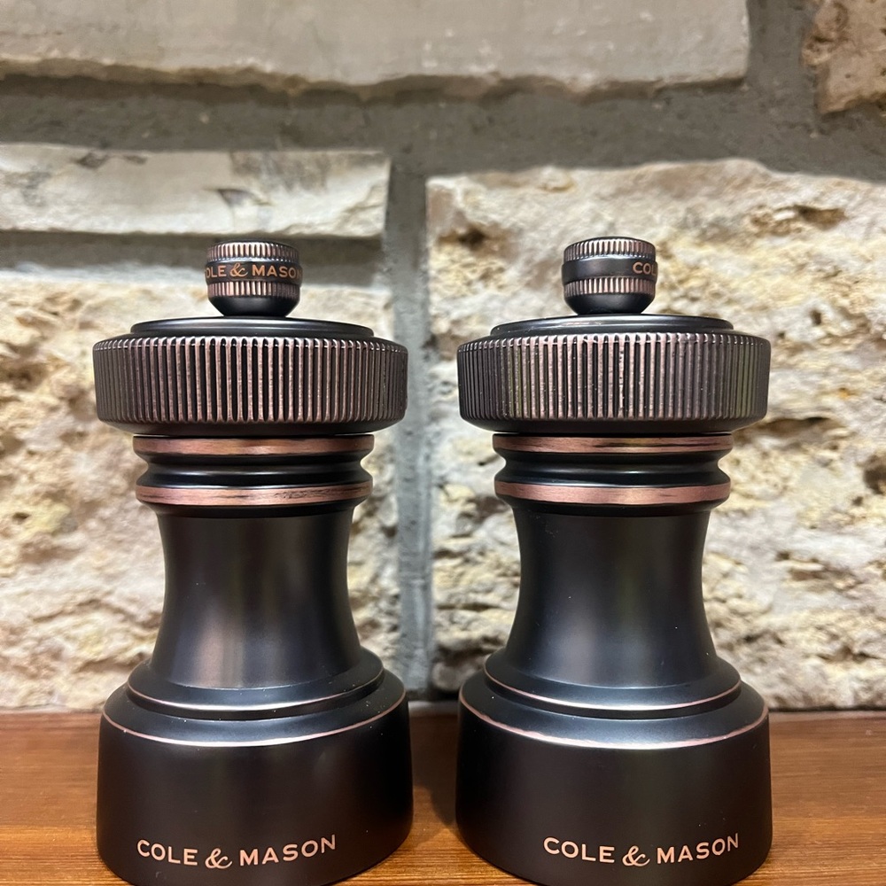 NIB Cole & Mason Horton bronze salt and pepper mills 4”